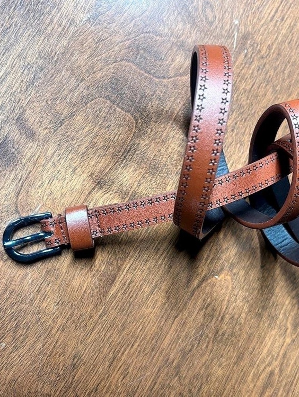 Brown star, engraved skinny western statement belt